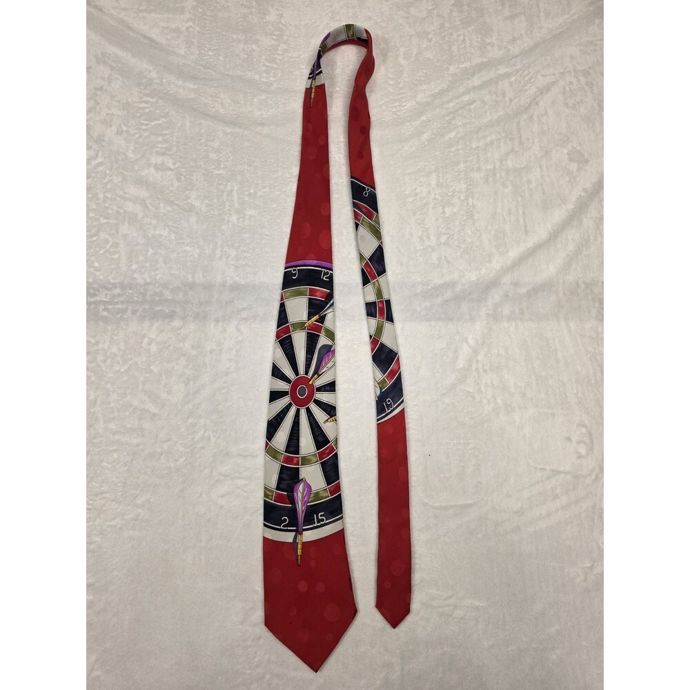 1990s Nicole Miller men's necktie designed with a dartboard and darts graphic